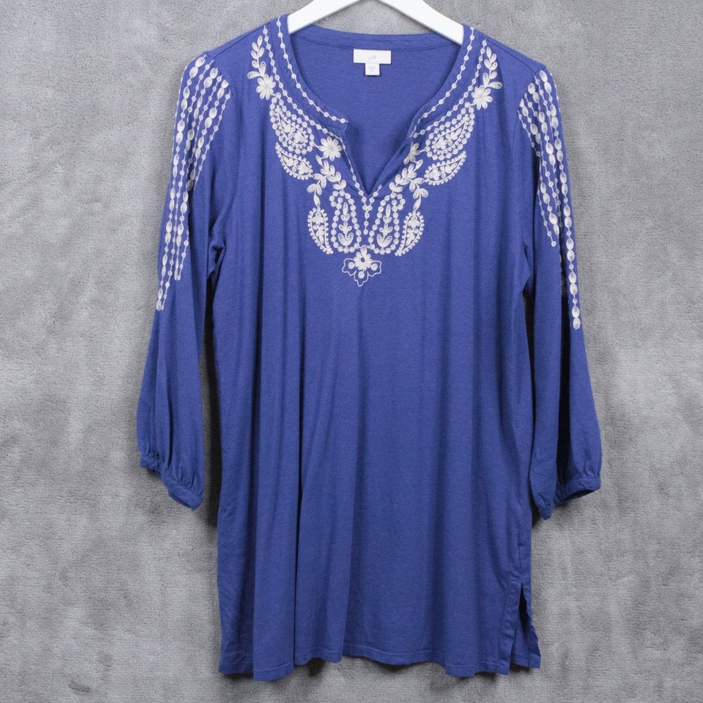 J JILL Embroidered Peasant Tunic Top 3/4 Sleeve Cotton Tencel Lapis Blue Sz M